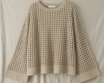 Oversized Crochet Sweater Pattern, Mesh Windowpane Top, Modern Grid Pullover,  PDF, Drop Shoulder Jumper