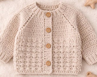 Baby Cardigan Crochet Pattern PDF Top Down Raglan Puff Stitch Sweater Neutral Newborn Gift