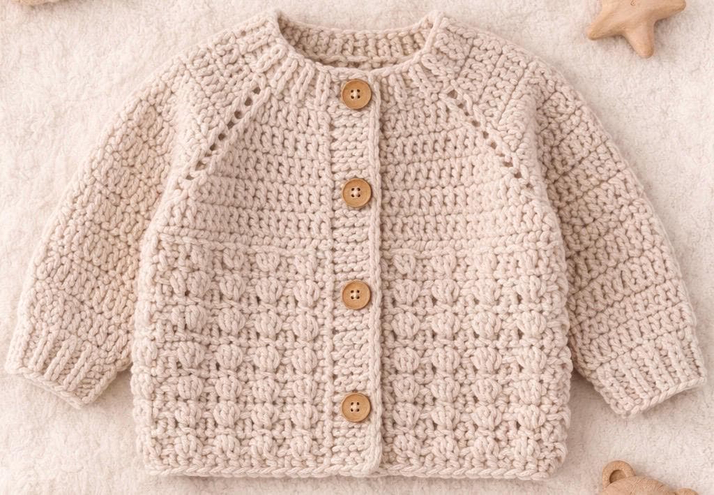 40 Cardigan Crochet Patterns for Easy Layering, Color, and Cozy Handmade Style 29 Baby Cardigan Top Down Raglan Puff Stitch Sweater Neutral