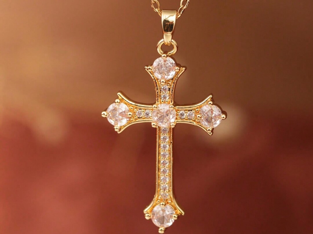 Gold Cross Pendant Necklace Crystal Inlay Design - Etsy