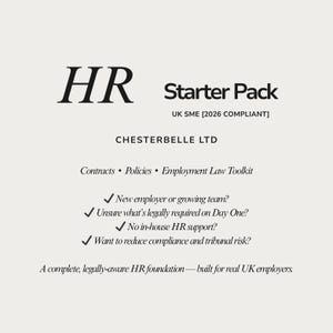 May include: A cream-colored graphic with the text "HR Starter Pack" and "UK SME [2026 COMPLIANT]" in black. The text "CHESTERBELLE LTD" is also present. Additional text includes bullet points and questions related to HR support and compliance.