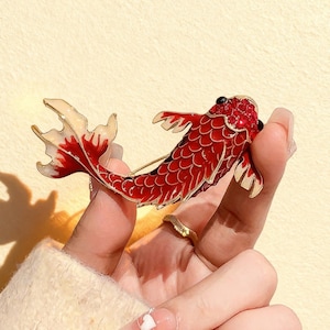 Handmade Lucky Koi Fish Brooch, Red Enamel Carp Pin, Good Luck Jewelry, Japanese Koi Lapel Pin, Elegant Women's Coat Accessory