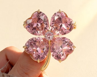 Handmade Four-Leaf Clover Brooch, Gradient Pink Zircon Crystal Pin, Elegant Women’s Blazer & Coat Accessory, Lucky Charm Jewelry