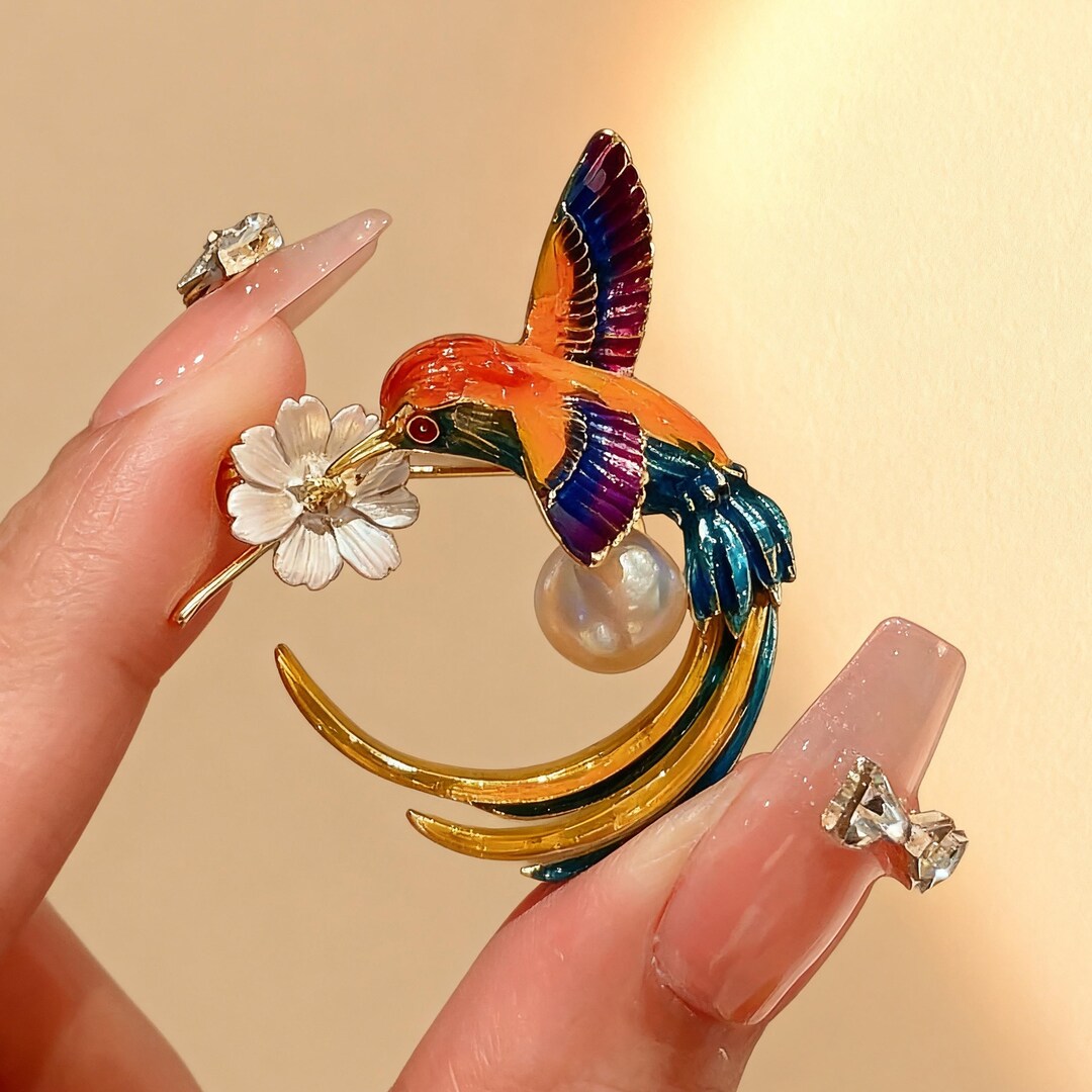 Hand Enamel Hummingbird Brooch With Flower Pearl, Colorful Bird Pin ...