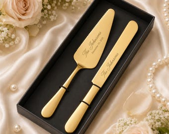 Juego de cuchillos para pastel de boda dorados personalizados, pala para pastel grabada con caja de regalo, cubertería de boda personalizada, regalo de aniversario para despedida de soltera