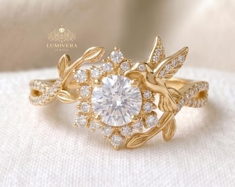 Hummingbird Moissanite Engagement Ring, Nature Inspired Gold Ring, Floral Halo Ring, Bird Lover Promise Ring, Unique Vintage Bridal Ring