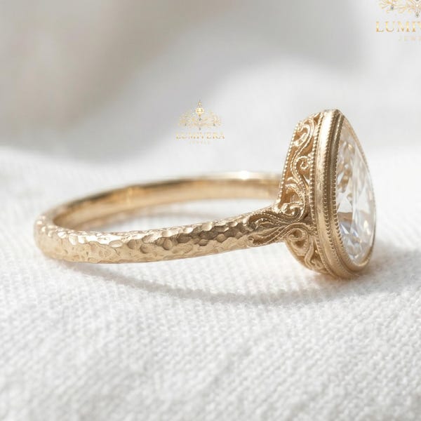 Pear Moissanite Engraved Gold Engagement Ring, Vintage Bezel Set Bridal Ring
