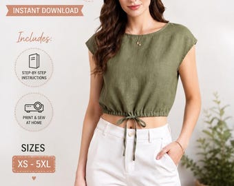 Women's Drawstring Crop Top Sewing Pattern PDF | Summer Blouse Pattern | Cap Sleeve Top | Beginner Sewing Pattern | Instant Download
