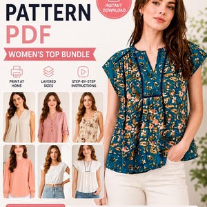 Könnte beinhalten: Ein digitales Schnittmuster-Set für Oberteile mit dem Text SEWING PATTERN PDF, WOMEN'S TOP BUNDLE, 6 STYLES und SIZES INCLUDED XS bis 5XL. Das Bild zeigt sechs verschiedene Oberteil-Designs in diversen Farben und Blumenmustern.
