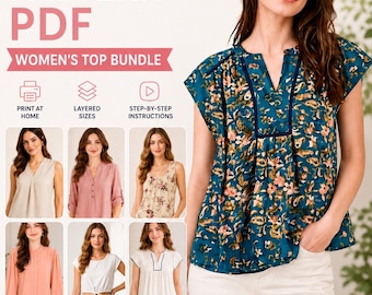 6 Women's Top Sewing Pattern Bundle PDF, Blouse Sewing Patterns , Printable PDF Pattern, Instant Download, Easy Sewing, Layered PDF