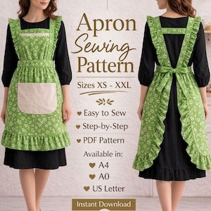 Puede incluir: Un patrón de costura de delantal floral verde con detalles de volantes, que se muestra por delante y por detrás. El delantal tiene un bolsillo beige y se usa sobre un vestido negro. El texto de la imagen dice "Apron Sewing Pattern" y "Sizes XS - XXL".