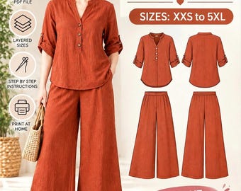 May include: A sewing pattern PDF for a rust-coloured two-piece set featuring a button-down shirt with three-quarter sleeves and wide-leg trousers. The digital file includes printable instructions for sizes XXS to 5XL, available for instant download.