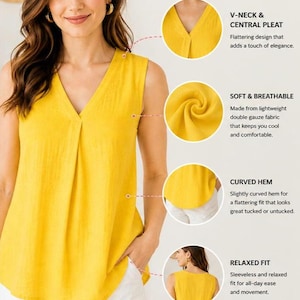 May include: A sleeveless yellow blouse featuring a V-neckline with a central pleat, a curved hem, and a relaxed fit. The image includes text: COMFORT YOU CAN FEEL, Style You'll Love, V-NECK & CENTRAL PLEAT, SOFT & BREATHABLE, CURVED HEM, RELAXED FIT, LIGHTWEIGHT, BREATHABLE, ALL-DAY COMFORT.