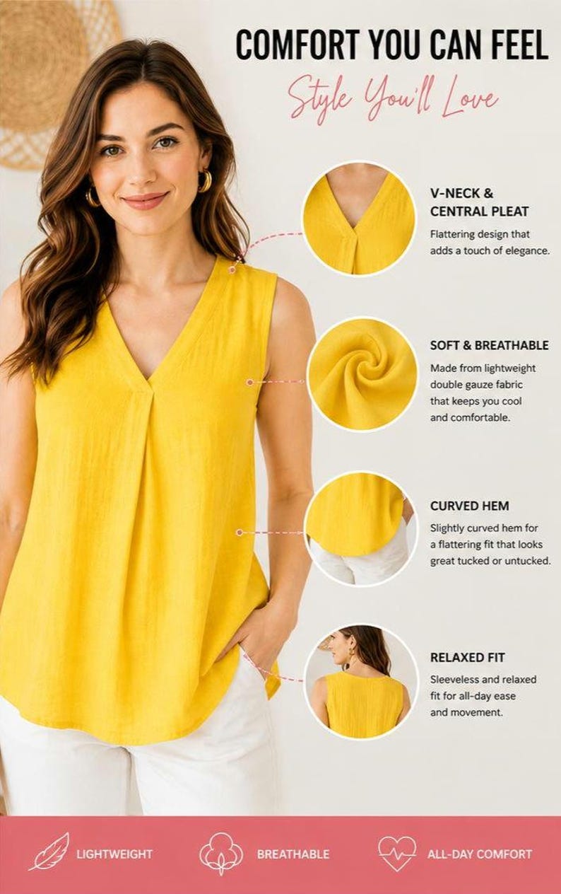 May include: A sleeveless yellow blouse featuring a V-neckline with a central pleat, a curved hem, and a relaxed fit. The image includes text: COMFORT YOU CAN FEEL, Style You'll Love, V-NECK & CENTRAL PLEAT, SOFT & BREATHABLE, CURVED HEM, RELAXED FIT, LIGHTWEIGHT, BREATHABLE, ALL-DAY COMFORT.