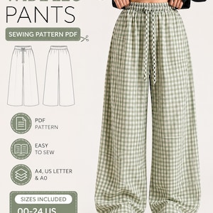 Puede incluir: Patrón de costura PDF para pantalones anchos con estampado de cuadros vichy en verde y blanco. Los pantalones tienen una cintura elástica con un cordón a juego. El texto incluye WIDE LEG PANTS, SEWING PATTERN PDF, PDF PATTERN, EASY TO SEW, A4, US LETTER & A0, SIZES INCLUDED 00-24 US 30-56 EU.