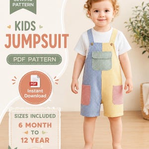 May include: A digital sewing pattern for a kids jumpsuit, featuring text that reads SEWING PATTERN, KIDS JUMPSUIT, PDF PATTERN, Instant Download, and SIZES INCLUDED 6 MONTH TO 12 YEAR. The jumpsuit has a blue and yellow striped design with pockets.