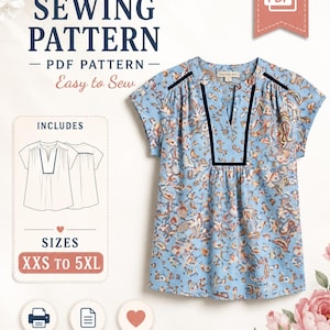 May include: A sewing pattern for a light blue blouse with a multi-colored floral print, featuring a V-neckline with dark blue trim and short sleeves. The digital file includes sizes XXS to 5XL, with instructions for printing at home on A4 or US letter paper.