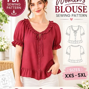 Op de afbeelding: Een PDF-naaipatroon voor een donkerrode blouse met een rucheskraag en striksluiting, korte pofmouwen met ruches aan de mouwboorden en een knoopsluiting aan de voorzijde. Het patroon bevat een technische lijntekening en maten XXS tot 5XL.