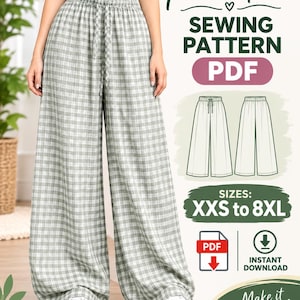 May include: Palazzo pants sewing pattern PDF featuring a sage green and white checkered print. The pants have a high elastic waistband with a drawstring. The graphic includes technical line drawings of the pants, sizes XXS to 8XL, and icons for PDF instant download.