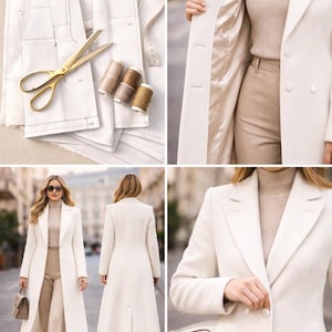 May include: A collage of images featuring sewing supplies and a cream-colored coat. The coat is worn by a person and has a classic design. Sewing patterns, gold scissors, and spools of thread are also shown. The text "Easy to Sew!" is visible.