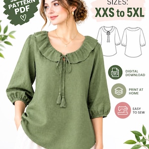 Pode incluir: Um molde de costura digital para uma blusa verde sálvia com gola de babados, fecho frontal com laços e borlas, e mangas três quartos com punhos elásticos. O molde inclui tamanhos de XXS a 5XL, desenhos técnicos das vistas frontal e traseira, e ícones indicando download digital, impressão em casa e facilidade de costura.