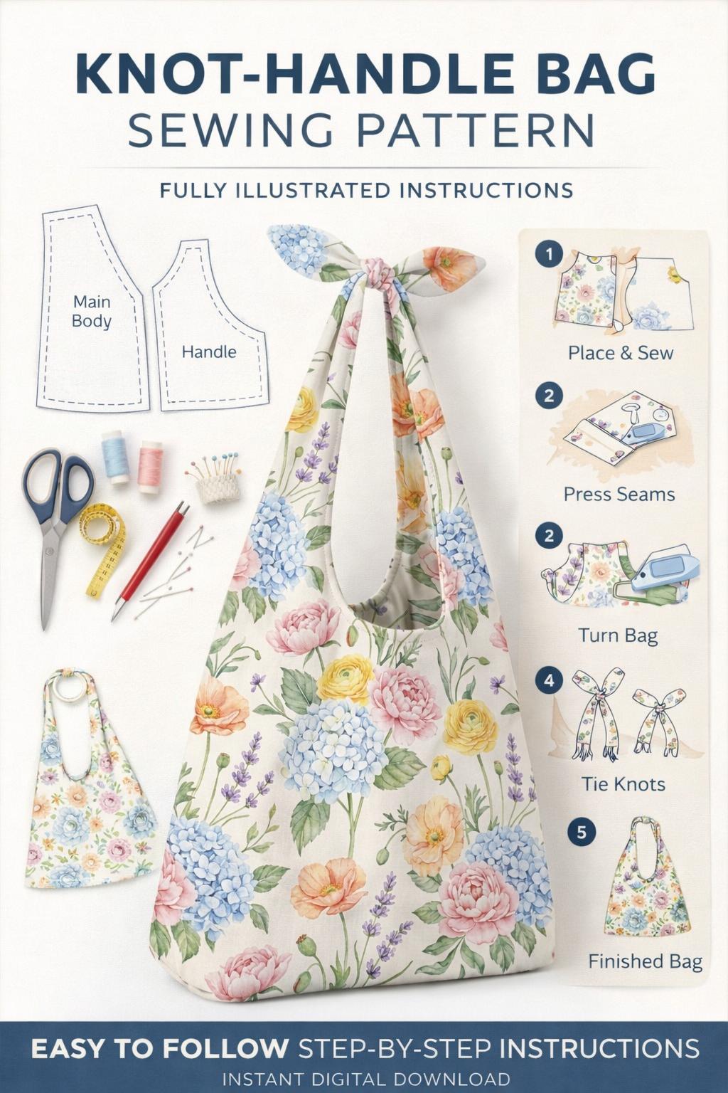 Knot Handle Bag Sewing Pattern PDF | Easy Hobo Tote DIY | Slouchy ...