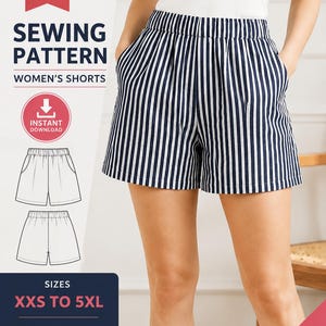 Könnte beinhalten: Ein Schnittmuster für Shorts mit PDF-Symbol, dem Text SEWING PATTERN, INSTANT DOWNLOAD und SIZES XXS TO 5XL. Das Bild zeigt Shorts mit einem marineblau-weißen vertikalen Streifenmuster, einem elastischen Bund und seitlichen Eingrifftaschen.