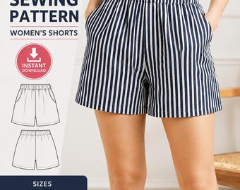 Women's Shorts Sewing Pattern PDF | Linen Shorts Pattern | Elastic Waist Shorts | Side Pocket Shorts | Summer Shorts PDF | XXS-5XL