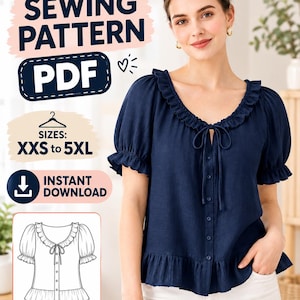 Op de afbeelding: Een marineblauwe blouse met korte pofmouwen, een ruches bij de hals, een striksluiting aan de voorzijde en een ruches aan de zoom. De afbeelding bevat de tekst: SEWING PATTERN PDF, SIZES: XXS to 5XL, INSTANT DOWNLOAD en een technische lijntekening.