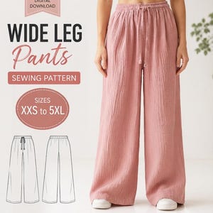 May include: A digital sewing pattern for wide leg trousers in sizes XXS to 5XL. The image displays a pair of dusty pink, textured, wide-leg trousers with an elastic drawstring waistband, alongside a technical line drawing of the garment design.
