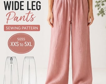 Women's Palazzo Pants Sewing Pattern PDF | Wide Leg Elastic Waist Pants Pattern | Relaxed Fit Trousers | Beginner Friendly | XXS-5XL
