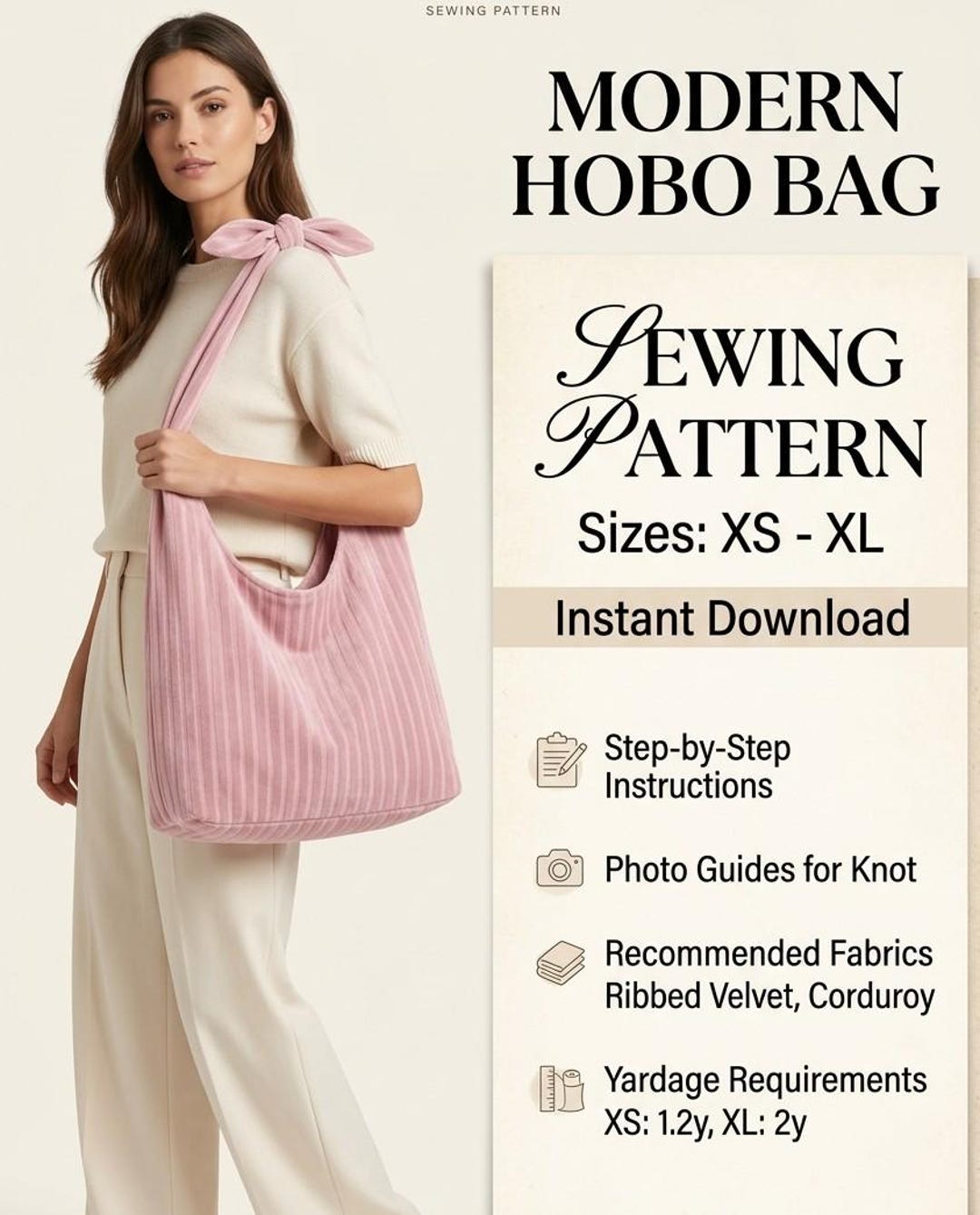 Hobo Bag Sewing Pattern PDF – 4 Sizes Knot Handle Shoulder Tote – Boho ...