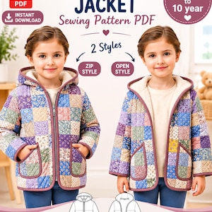 May include: A digital sewing pattern for a quilted hoodie jacket, featuring text that reads Quilted Hoodie Jacket Sewing Pattern PDF, 2 Styles, Zip Style, Open Style, and Sizes: 6 month to 10 year. The image displays two jacket variations.