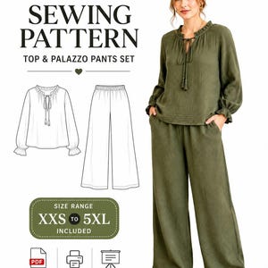 Puede incluir: Un patrón de costura en PDF para un conjunto de top y pantalones palazzo. La imagen muestra el texto PDF SEWING PATTERN TOP & PALAZZO PANTS SET, un dibujo técnico de las prendas y un rango de tallas de XXS a 5XL. Se muestra un top de manga larga verde oliva con cuello con volantes y pantalones anchos a juego.