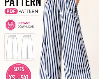 Wide Leg Pants Sewing Pattern PDF, Women's Elastic Waist Pants Pattern, Palazzo Pants PDF, Plus Size Sewing Pattern XS-5XL, Digital Download