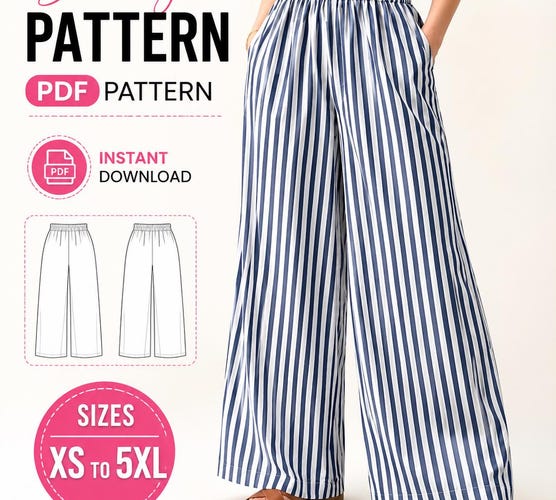 Wide Leg Pants Sewing Pattern PDF — Women's Elastic Waist Palazzo XS-5XL