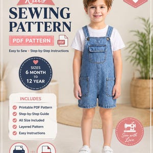 Op de afbeelding: Een digitaal naaipatroon voor een spijker tuinbroek voor kinderen, met de tekst Kids Sewing Pattern, PDF Pattern, Sizes 6 Month to 12 Year, inclusief een stapsgewijze handleiding, printbaar PDF en gelaagde patroonopties voor eenvoud.