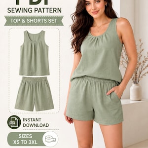 Peut inclure: Un patron de couture PDF pour un ensemble haut et short, avec le texte PDF SEWING PATTERN, TOP & SHORTS SET, INSTANT DOWNLOAD et SIZES XS TO 3XL. L'ensemble comprend un débardeur vert sauge à encolure ronde et un short assorti.