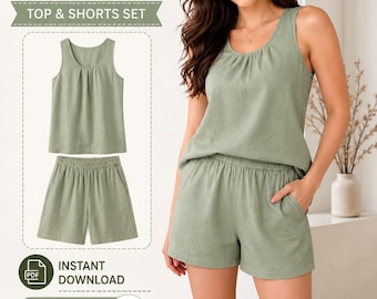 Women's Sleeveless Top & Shorts Sewing Pattern PDF | Summer Lounge Set Pattern | Pajama Set Sewing Pattern | Easy Beginner Sewing Pattern
