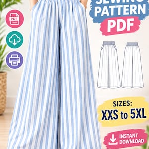 May include: A PDF sewing pattern for wide-leg trousers featuring a blue and white vertical striped design. The trousers have a high, smocked elastic waistband and side pockets. The graphic includes the text SEWING PATTERN PDF, SIZES: XXS to 5XL, and INSTANT DOWNLOAD.