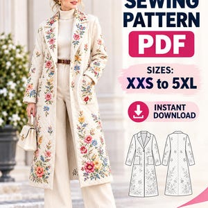 Puede incluir: Un abrigo largo acolchado de color crema con bordados florales vibrantes en rosa, azul y amarillo. El texto dice SEWING PATTERN PDF, SIZES: XXS to 5XL e INSTANT DOWNLOAD. Incluye un dibujo lineal del abrigo por delante y por detrás.