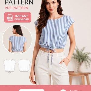 May include: A sewing pattern for a blue and white vertical striped crop top with short sleeves, a round neckline, and a drawstring waist. The digital PDF includes sizes XS to 5XL, featuring a front and back view, and a technical line drawing.