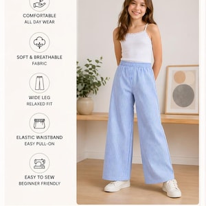 Könnte beinhalten: Hellblaue Hose mit weitem Bein und vertikalen Streifen. Die Hose hat einen elastischen Bund und eine entspannte Passform. Das Bild zeigt auch ein weißes Top und weiße Turnschuhe. Der Text auf dem Bild lautet "Wide Leg Pants" und "Perfect for Every Day".