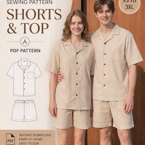 May include: A sewing pattern for shorts and a top, featuring a technical line drawing of a short-sleeved button-down shirt and shorts. The text reads SEWING PATTERN SHORTS & TOP, PDF PATTERN, XS TO 3XL, INSTANT DOWNLOAD, PRINT AT HOME, EASY TO SEW.