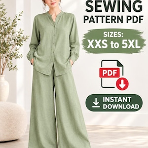 May include: A sage green button-down shirt with a mandarin collar and long sleeves paired with matching wide-leg trousers. Text reads: SEWING PATTERN PDF, SIZES: XXS to 5XL, PDF, INSTANT DOWNLOAD.