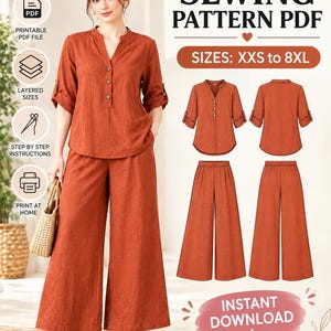 Puede incluir: Un patrón de costura en PDF para un conjunto de dos piezas color óxido que incluye una blusa con cuello en V y mangas tres cuartos y pantalones anchos. El archivo digital incluye instrucciones para tallas de la XXS a la 8XL, con vistas frontal y trasera.
