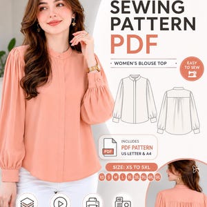 May include: A peach-colored long-sleeve blouse with a mandarin collar, button-front closure, and gathered sleeve cuffs. The digital sewing pattern includes text reading SEWING PATTERN PDF, WOMEN'S BLOUSE TOP, EASY TO SEW, and sizes XS to 5XL.