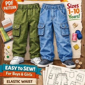 May include: A sewing pattern for kids' cargo pants, featuring green and blue pants with cargo pockets. The pattern includes sizes 1-10 years, with the text "Easy to Sew!" and "Elastic Waist Cargo Pockets".