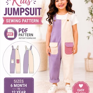 May include: A sewing pattern for a kids jumpsuit featuring a color-blocked design in purple and cream. The pattern includes a PDF format, sizes from 6 months to 12 years, and is compatible with A4, A0, US letter paper, and projectors for easy sewing.