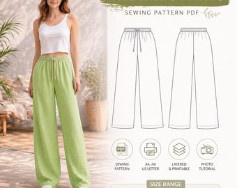 Hose mit weitem Bein Schnittmuster PDF | Elastische Taille Hosenmuster | A4 A0 US Letter | Frauen Hose Muster | Palazzo Hosen Schnittmuster | USA 00-24